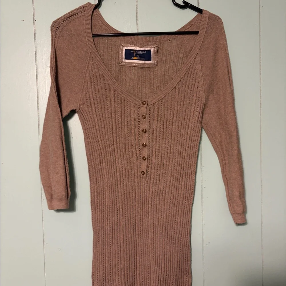 American eagle outfitters vtg y2k ribbed knit Henley large tan brown - Picture 3 of 4